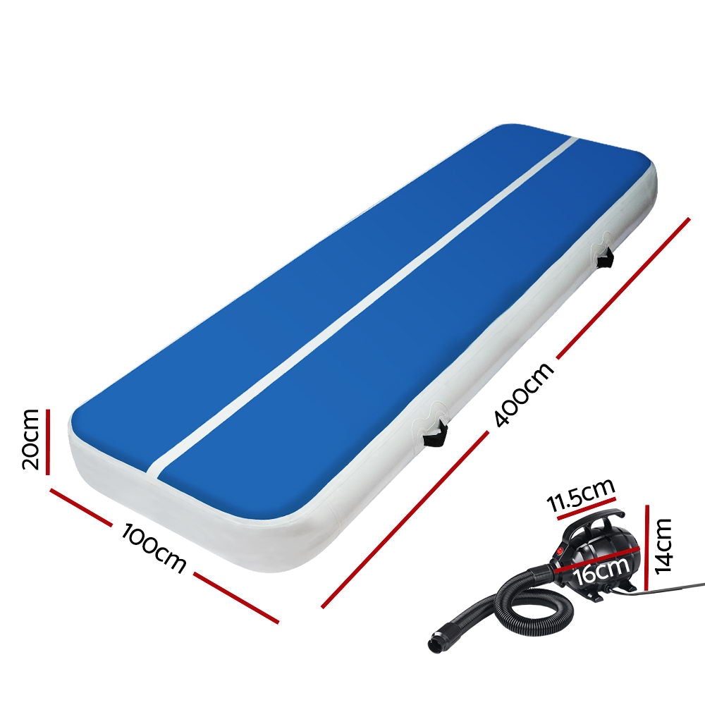 Everfit 4X1M Inflatable Air Track Mat in blue, showcasing its thickness and durable fabric, with an electric air pump included.